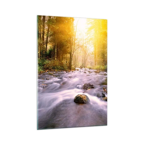 Glasbild - Bild auf glas - Ein Waldbach, beleuchtet von den Sonnenstrahlen - 80x120cm - Malachit im Silber- und Goldrahmen - Moderne Wanddekoration für Wohnzimmer und Schlafzimmer ARTTOR