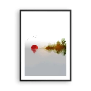 Poster in einem schwarzem Rahmen - Eine minimalistische Landschaft mit einer roten Sonne und einem See. - 50x70cm - Versprechen der Ruhe - Moderne Wanddekoration für Wohnzimmer und Schlafzimmer ARTTOR