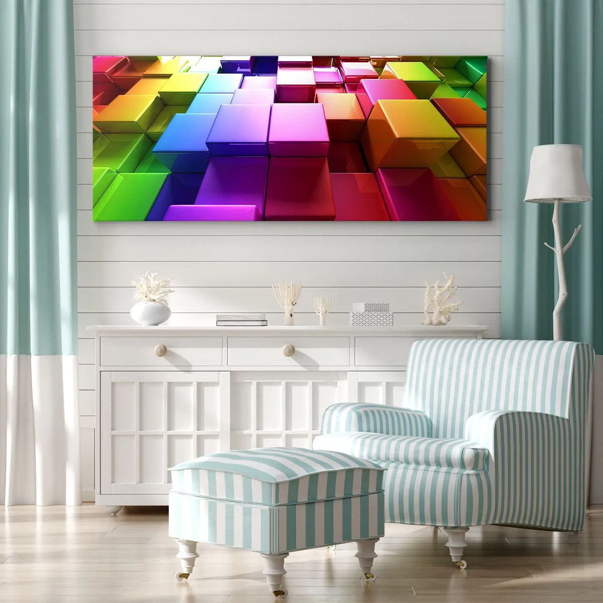 Bild auf Leinwand - Leinwandbild - Bunte geometrische 3D-Würfel - 160x50cm - Op-Art gemeinsam im Team - Moderne Wanddekoration für Wohnzimmer und Schlafzimmer ARTTOR