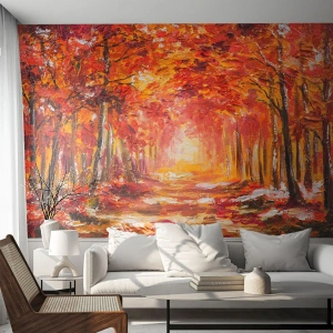Fototapete Premium Canvas - Herbstwald in Kupfer- und Goldtönen - 100x70cm - Kupferwald - Moderne Wanddekoration für Wohnzimmer und Schlafzimmer ARTTOR