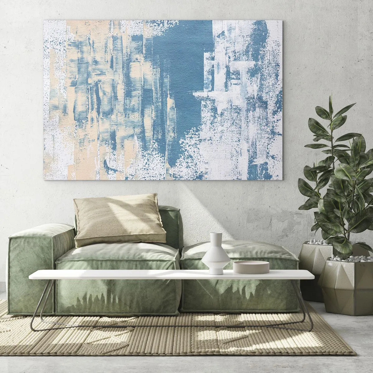 Glasbild - Bild auf glas - Abstraktion in Blau und Beige mit Pinselstruktur - 120x80cm - Durch einen Eiszapfen - Moderne Wanddekoration für Wohnzimmer und Schlafzimmer ARTTOR