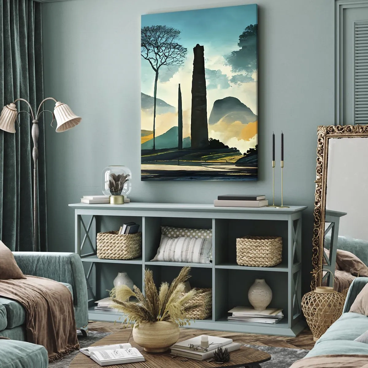Bild auf Leinwand - Leinwandbild - Eine malerische Landschaft mit Bäumen und Bergen im Hintergrund - 80x120cm - Immer höher und höher - Moderne Wanddekoration für Wohnzimmer und Schlafzimmer ARTTOR