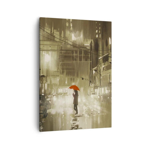Bild auf Leinwand - Leinwandbild - Eine Figur mit einem roten Regenschirm in einer verregneten Stadt - 50x70cm - Allein aber nicht einsam - Moderne Wanddekoration für Wohnzimmer und Schlafzimmer ARTTOR