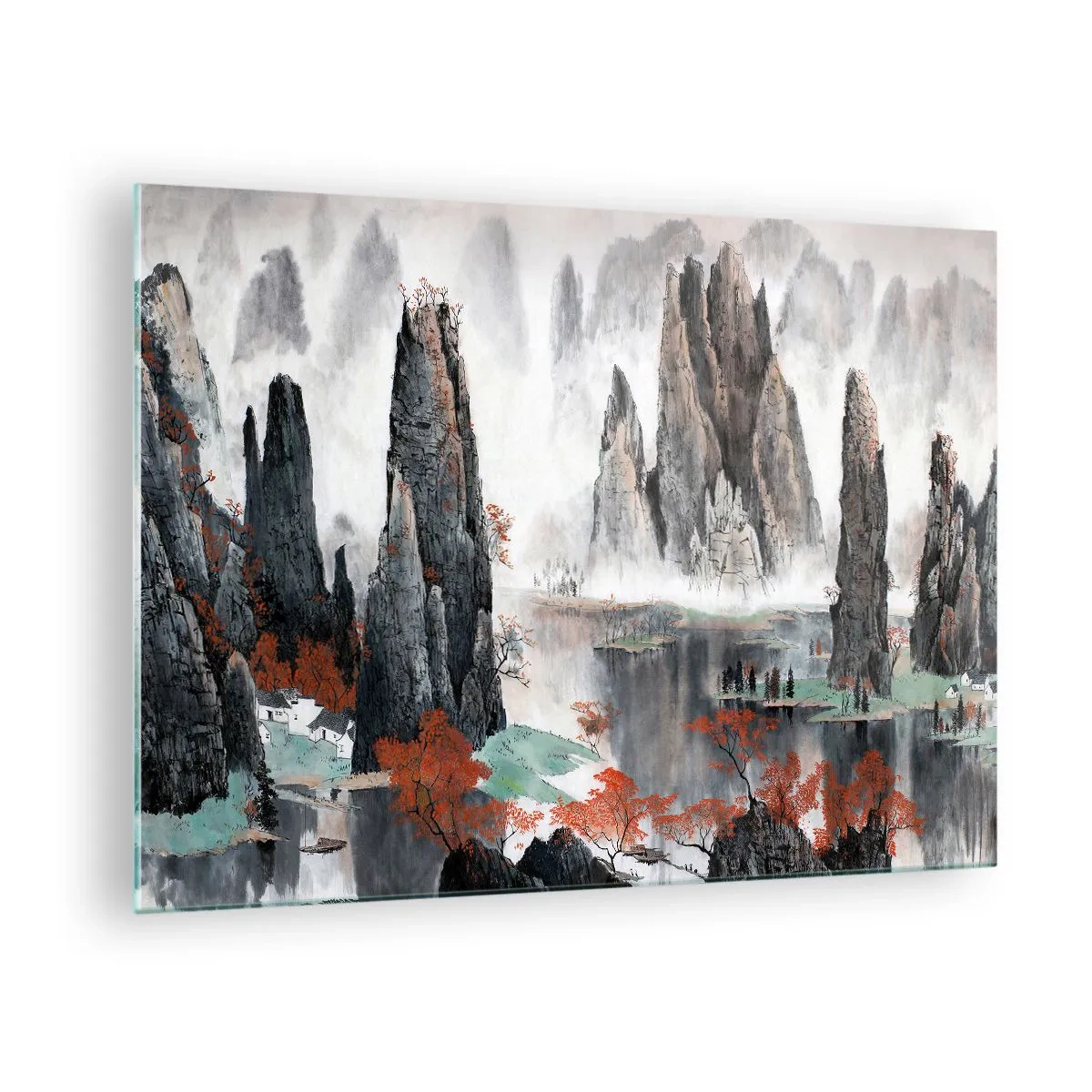 Glasbild - Bild auf glas - Eine malerische Berglandschaft mit nebligen Gipfeln und roten Bäumen - 70x50cm - Mächtige Wächter - Moderne Wanddekoration für Wohnzimmer und Schlafzimmer ARTTOR