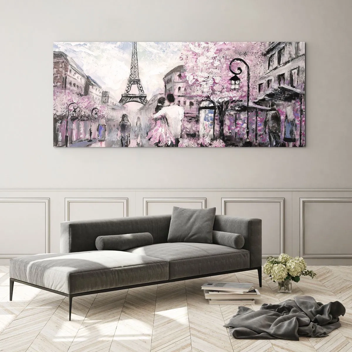 Glasbild - Bild auf glas - Ein romantischer Spaziergang in Paris am Eiffelturm - 140x50cm - Wie man sich verlieben kann, ist nur in ... - Moderne Wanddekoration für Wohnzimmer und Schlafzimmer ARTTOR