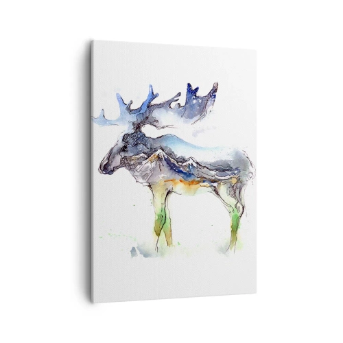 Bild auf Leinwand - Leinwandbild - Aquarell-Silhouette eines Elches mit Berglandschaft - 50x70cm - Der Held eines Wintermärchens - Moderne Wanddekoration für Wohnzimmer und Schlafzimmer ARTTOR