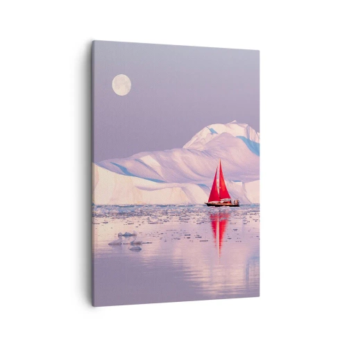 Bild auf Leinwand - Leinwandbild - Ein rotes Segel vor der Kulisse eisiger Berge und eines Vollmonds. - 50x70cm - Die Hitze des Segels, die Kälte des Eises - Moderne Wanddekoration für Wohnzimmer und Schlafzimmer ARTTOR