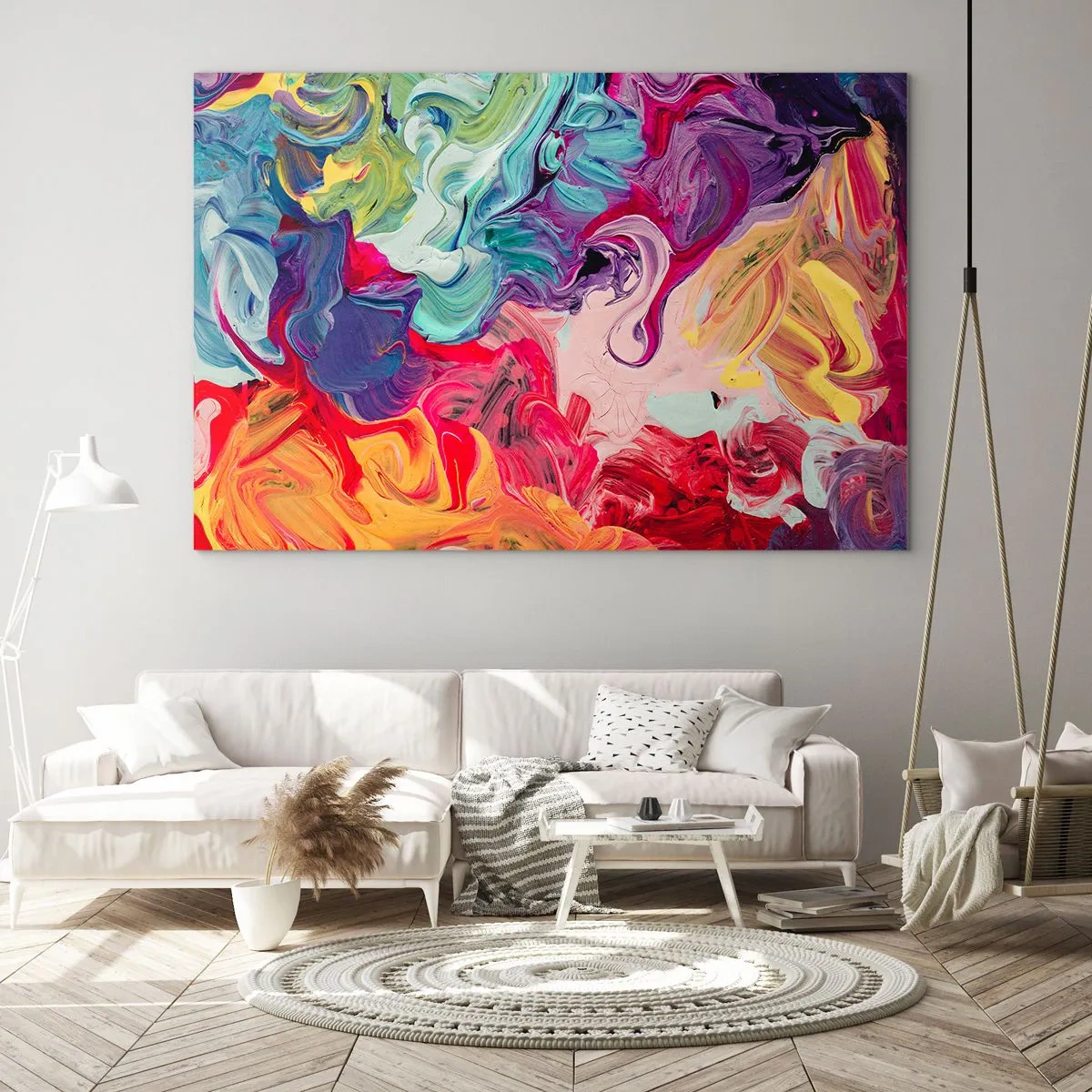 Glasbild - Bild auf glas - Abstrakte bunte Farbstreifen auf Leinwand in intensiven Farben - 120x80cm - Die Geburt der Farben - Moderne Wanddekoration für Wohnzimmer und Schlafzimmer ARTTOR