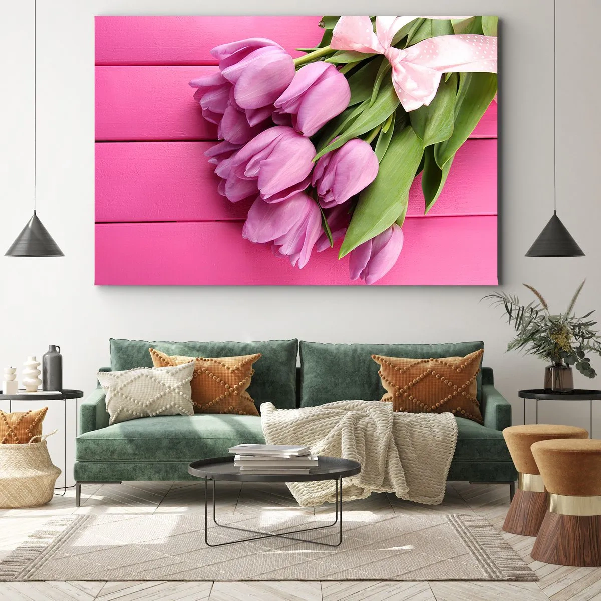Bild auf Leinwand - Leinwandbild - Ein Strauß rosa Tulpen mit Schleife auf rosa Hintergrund - 70x50cm - Nur für dich - Moderne Wanddekoration für Wohnzimmer und Schlafzimmer ARTTOR