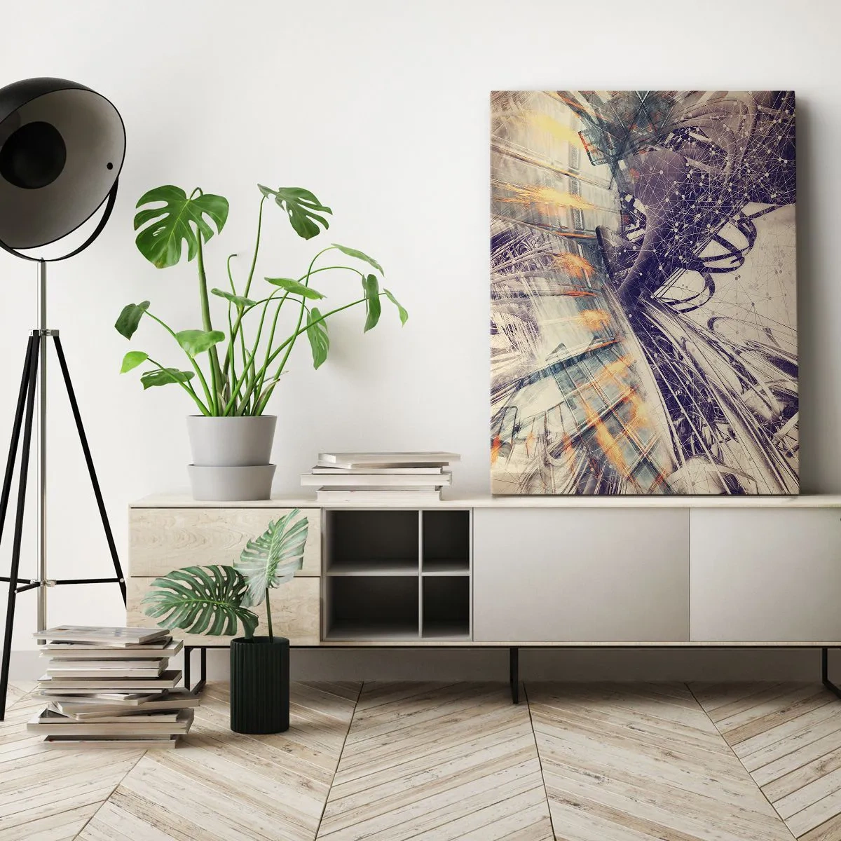 Bild auf Leinwand - Leinwandbild - Dynamische Abstraktion in Beige- und Lilatönen - 80x120cm - In großer Eile - Moderne Wanddekoration für Wohnzimmer und Schlafzimmer ARTTOR
