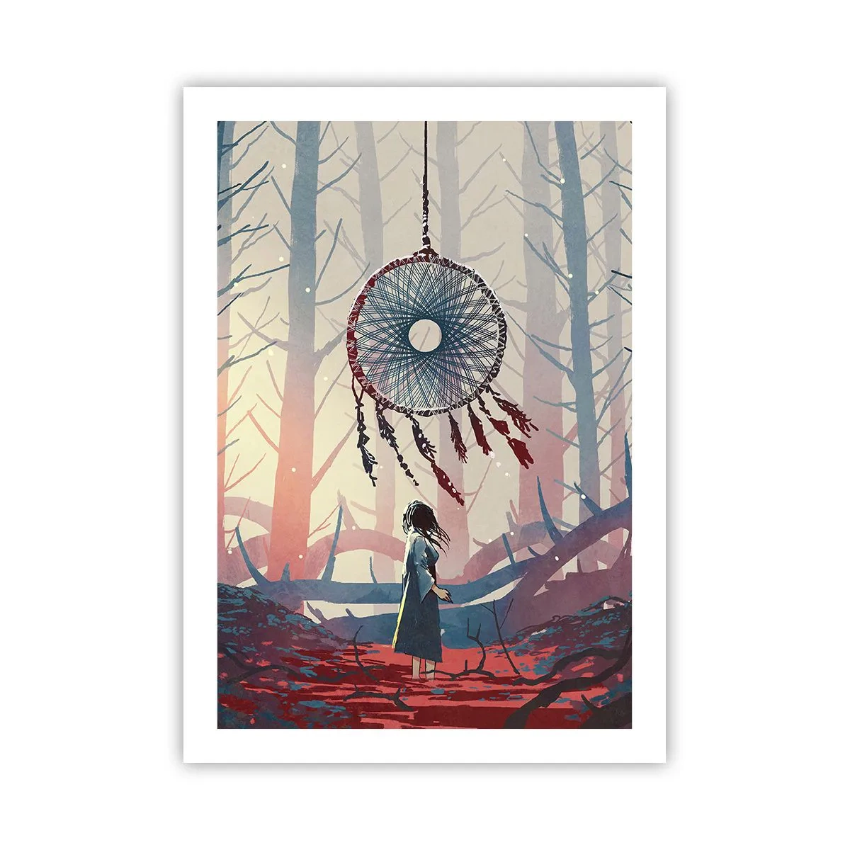 Poster - Eine Figur im Wald mit einem Traumfänger vor einem pastellfarbenen Hintergrund. - 50x70cm - Geheimes Glücksritual - Moderne Wanddekoration für Wohnzimmer und Schlafzimmer ARTTOR