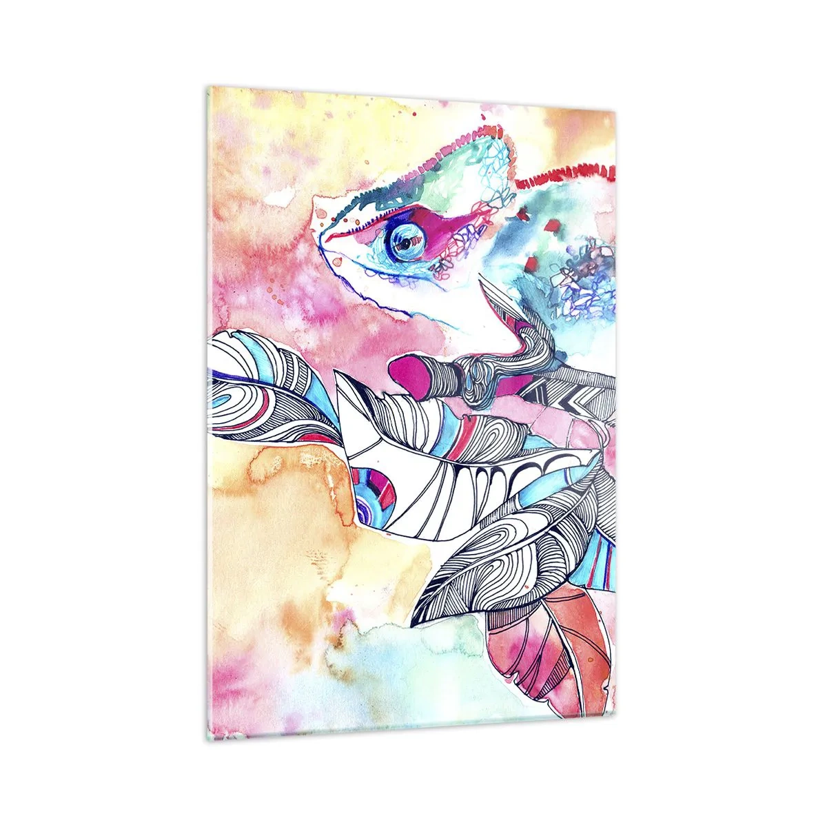 Glasbild - Bild auf glas - Buntes Chamäleon zwischen Blättern im Aquarellstil - 50x70cm - So bunt wie unsere Welt - Moderne Wanddekoration für Wohnzimmer und Schlafzimmer ARTTOR