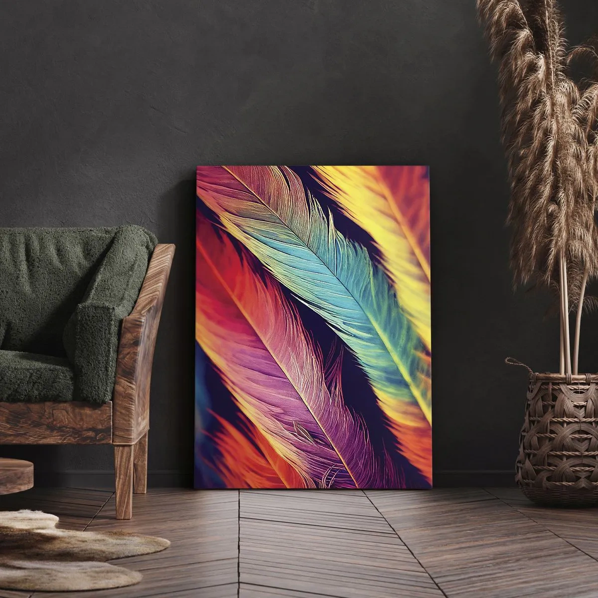 Bild auf Leinwand - Leinwandbild - Bunte Federn in intensiven Farben - 50x70cm - Gefiederter Regenbogen - Moderne Wanddekoration für Wohnzimmer und Schlafzimmer ARTTOR