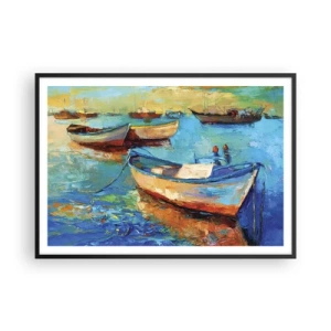 Poster in einem schwarzem Rahmen - Bunte Boote vertäut auf ruhigem Wasser - 100x70cm - In der südlichen Bucht - Moderne Wanddekoration für Wohnzimmer und Schlafzimmer ARTTOR