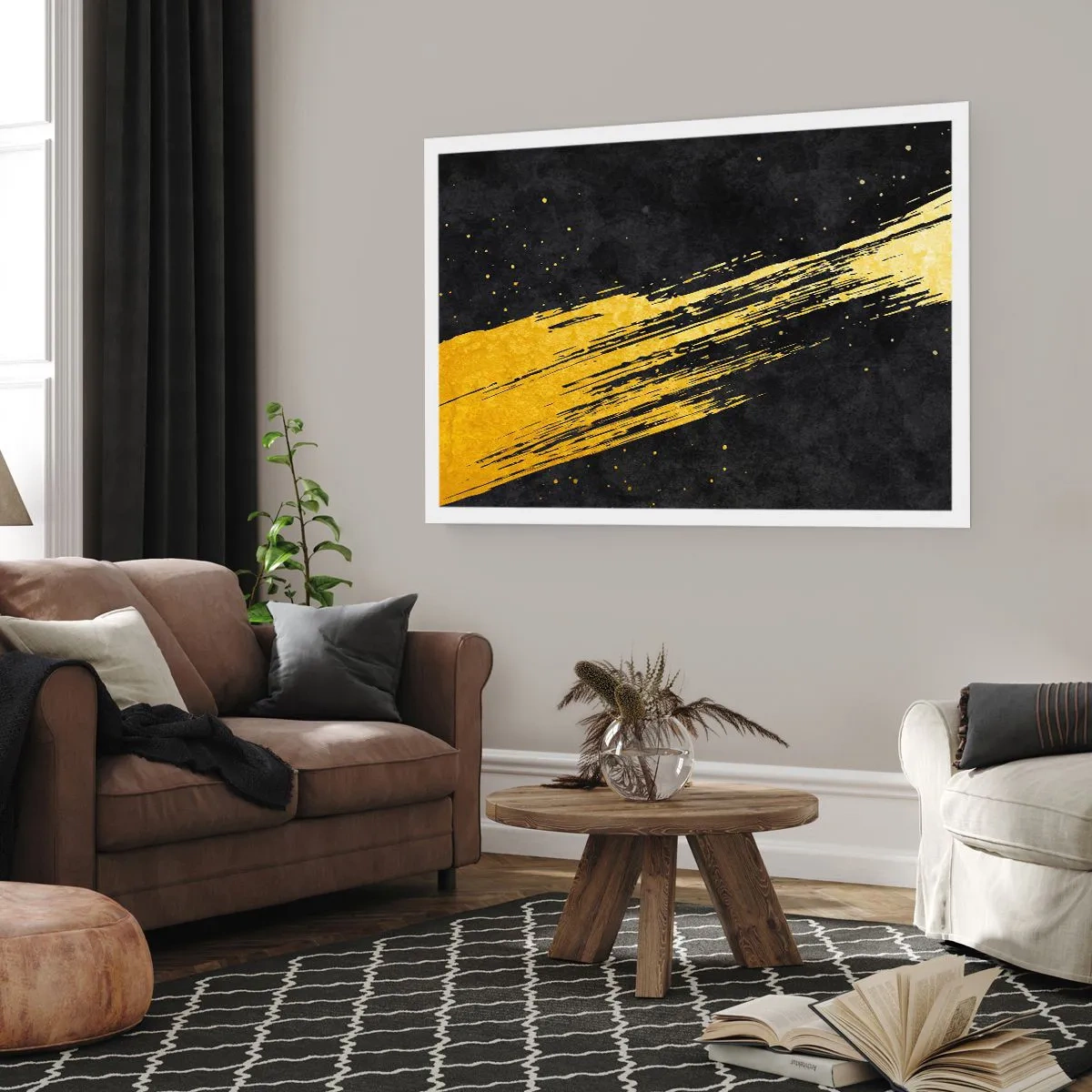 Poster - Schwarzer Hintergrund mit dynamischen goldenen Pinselstrichen - 100x70cm - Sprung in den Hyperraum - Moderne Wanddekoration für Wohnzimmer und Schlafzimmer ARTTOR