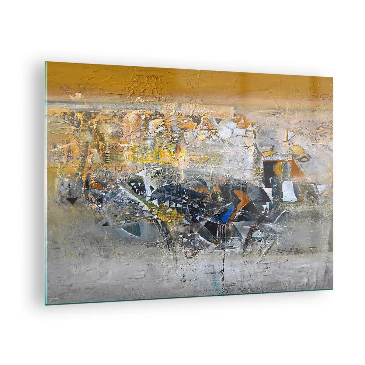 Glasbild - Bild auf glas - Künstlerische Abstraktion in Gold, Silber und Grau - 70x50cm - Alles wird gut - Moderne Wanddekoration für Wohnzimmer und Schlafzimmer ARTTOR