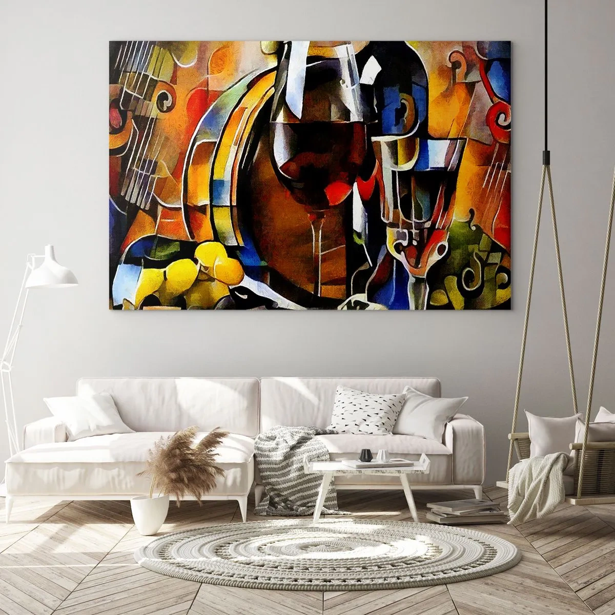 Glasbild - Bild auf glas - Abstrakte Komposition mit Weingläsern und Instrumenten - 120x80cm - Und die Welt nimmt Farben an - Moderne Wanddekoration für Wohnzimmer und Schlafzimmer ARTTOR