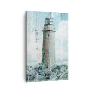 Bild auf Leinwand - Leinwandbild - Ein Leuchtturm an einer felsigen Küste in Pastellfarben - 80x120cm - Auf altem Holz - Moderne Wanddekoration für Wohnzimmer und Schlafzimmer ARTTOR