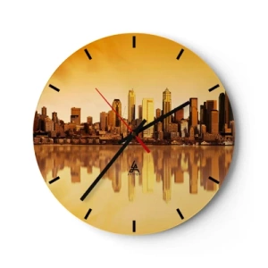 Wanduhr - Glasuhr - Stadtpanorama spiegelt sich im Wasser bei Sonnenuntergang - 30x30cm - Die Stille der Metropole - Moderne Wanddekoration für Wohnzimmer, Küche und Schlafzimmer ARTTOR