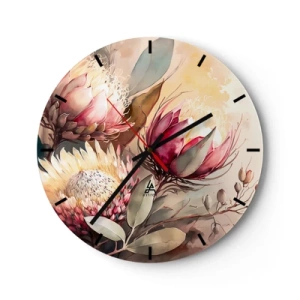Wanduhr - Glasuhr - Künstlerische Protea-Blüten auf hellem Hintergrund - 30x30cm - Im Profil und en face - Moderne Wanddekoration für Wohnzimmer, Küche und Schlafzimmer ARTTOR