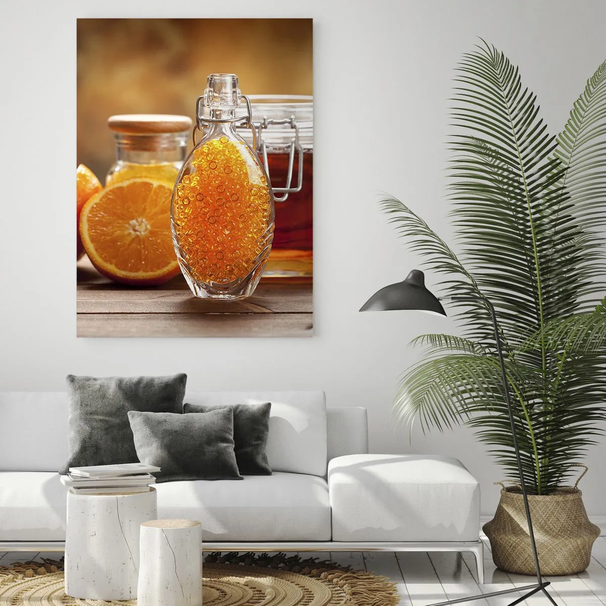 Glasbild - Bild auf glas - Eine Flasche Öl und eine Orange auf einem Holztisch - 50x70cm - Sonnige Aromen und Düfte - Moderne Wanddekoration für Wohnzimmer und Schlafzimmer ARTTOR