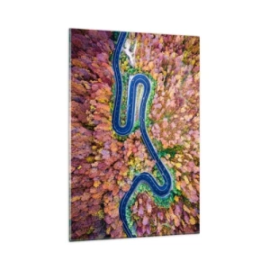 Glasbild - Bild auf glas - Eine kurvenreiche Straße in einem herbstlichen Wald aus der Vogelperspektive gesehen - 80x120cm - Kurvenreicher Weg durch den Wald - Moderne Wanddekoration für Wohnzimmer und Schlafzimmer ARTTOR