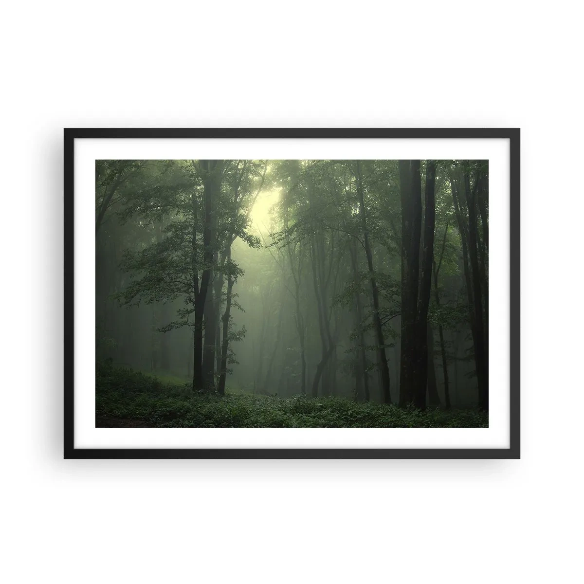 Poster in einem schwarzem Rahmen - Ein grüner Wald am Morgen, eingehüllt in einen zarten Nebel - 70x50cm - Bevor er aufwacht - Moderne Wanddekoration für Wohnzimmer und Schlafzimmer ARTTOR