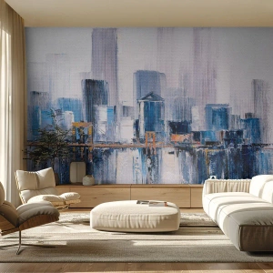 Fototapete Premium Sand - Ein künstlerisches Panorama der Stadt mit einer Brücke und Wolkenkratzern in Blautönen. - 100x70cm - New Yorker Eindruck - Moderne Wanddekoration für Wohnzimmer und Schlafzimmer ARTTOR