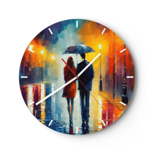Wanduhr - Glasuhr - Ein Paar mit einem Regenschirm auf einer bunten, verregneten Straße bei Nacht. - 30x30cm - Gemeinsam – eine bunte Nacht - Moderne Wanddekoration für Wohnzimmer, Küche und Schlafzimmer ARTTOR