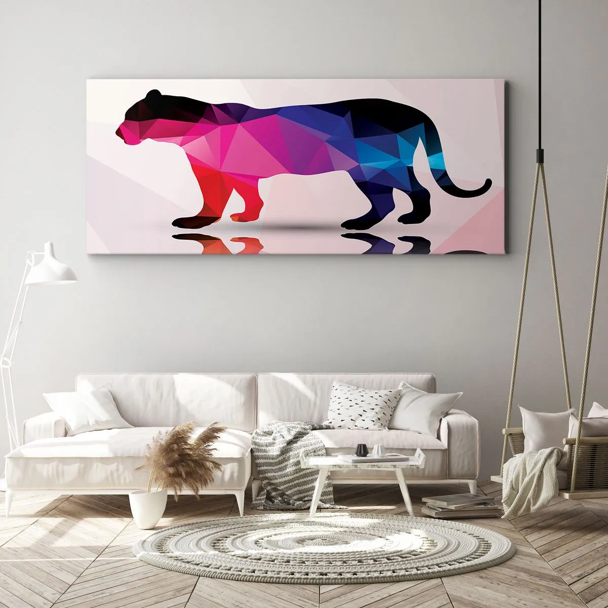 Bild auf Leinwand - Leinwandbild - Geometrische Panther-Silhouette in Rosa- und Blautönen - 160x50cm - Diment Panther - Moderne Wanddekoration für Wohnzimmer und Schlafzimmer ARTTOR