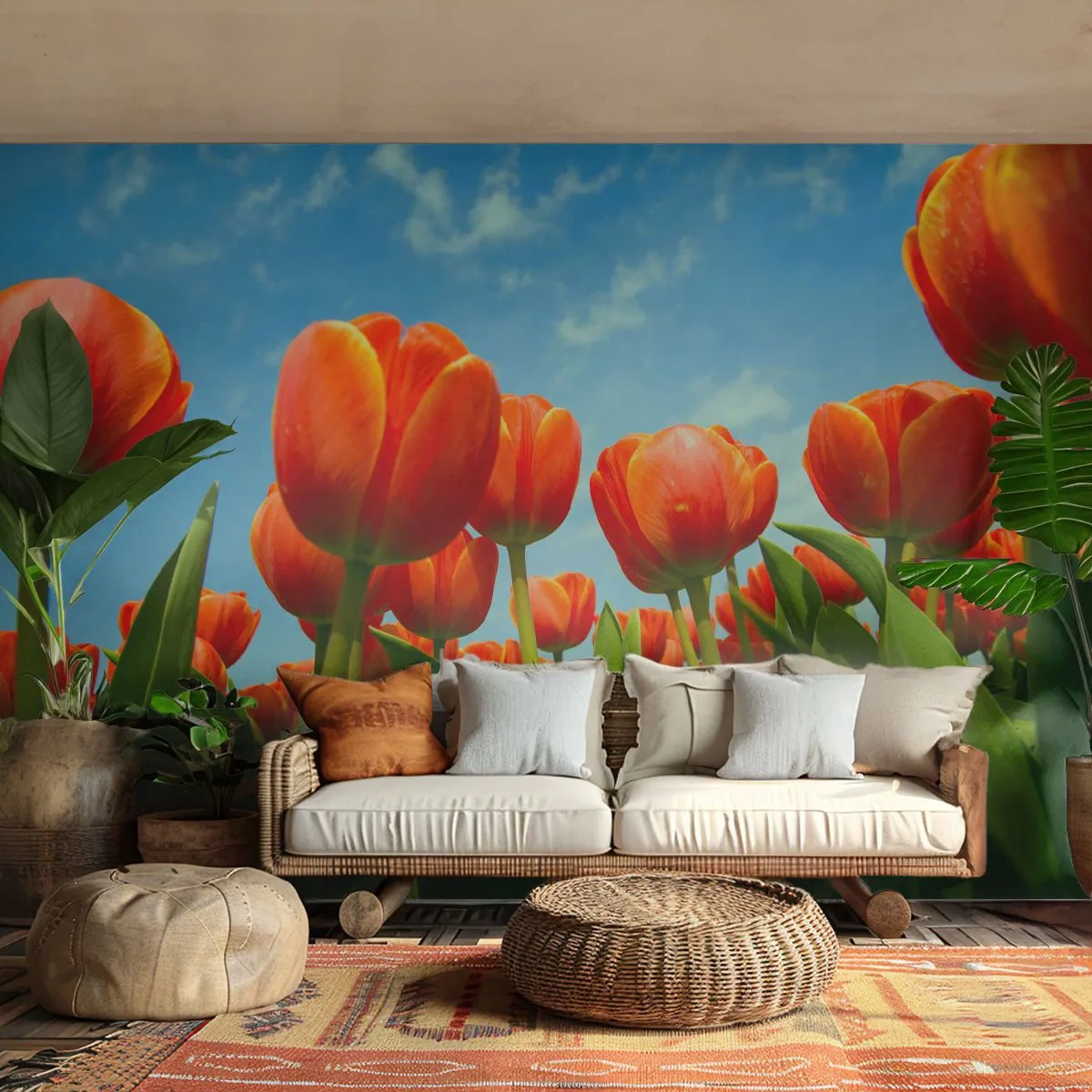 Fototapete Premium Canvas - Außer dem blauen Himmel brauchen sie nichts in ihrem Leben - Blumen, Tulpen, Natur - 500x350 cm