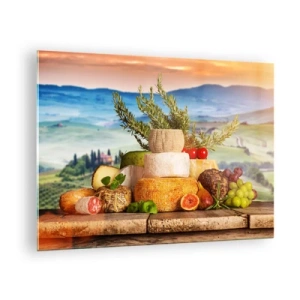 Glasbild - Bild auf glas - Eine Komposition aus Käse und Früchten vor der Kulisse der toskanischen Landschaft - 70x50cm - Die italienische Lebensfreude - Moderne Wanddekoration für Wohnzimmer und Schlafzimmer ARTTOR