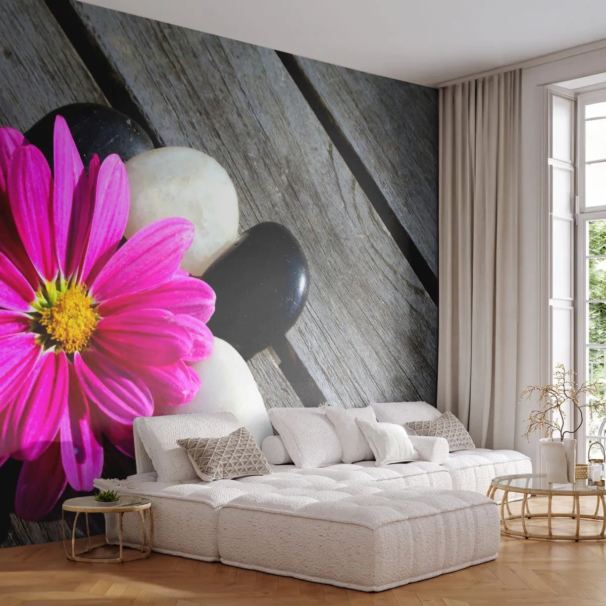 Maßgeschneiderte Fototapete Standard Eco - Ruhe auf dem Pier - Blume, Steine, Holzbrücke