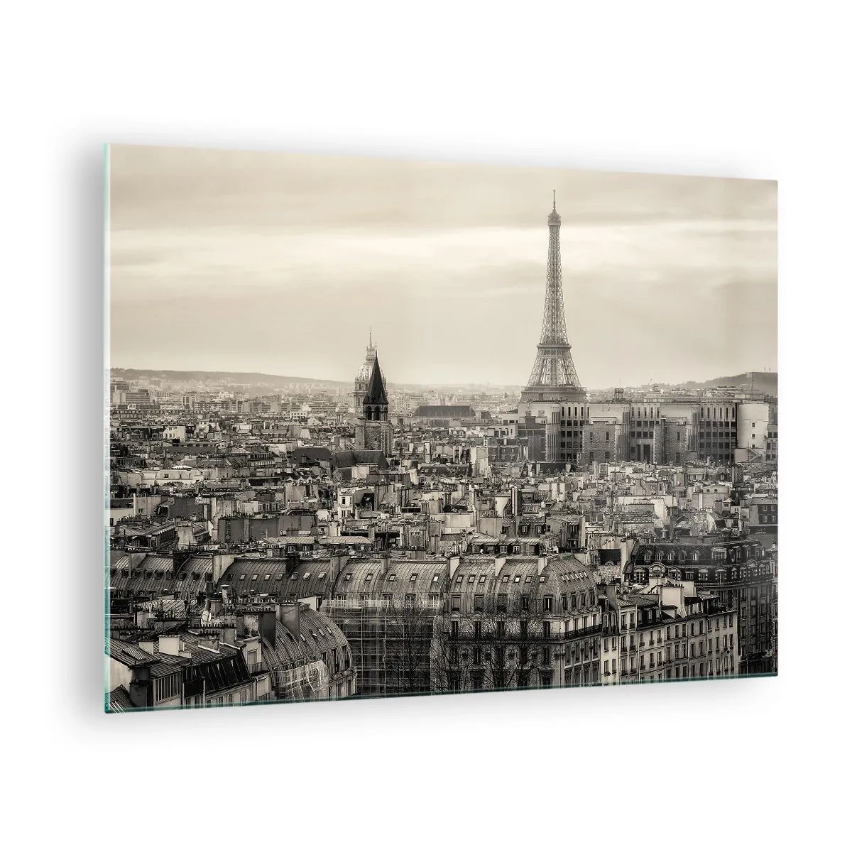 Glasbild - Bild auf glas - Ein Panorama von Paris mit Blick auf den Eiffelturm in Sepiatönen - 70x50cm - Über den Dächern von Paris - Moderne Wanddekoration für Wohnzimmer und Schlafzimmer ARTTOR
