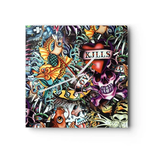 Wanduhr - Glasuhr - Farbenfrohe Kunstwerke im Tattoo-Stil mit Totenköpfen und nautischen Motiven - 30x30cm - Der Traum des Tätowierers - Moderne Wanddekoration für Wohnzimmer und Schlafzimmer ARTTOR