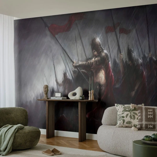 Fototapete Premium Sand - Krieger in Rüstung im Regen auf dem Schlachtfeld - 100x70cm - Passant, sag Sparta ... - Moderne Wanddekoration für Wohnzimmer und Schlafzimmer ARTTOR