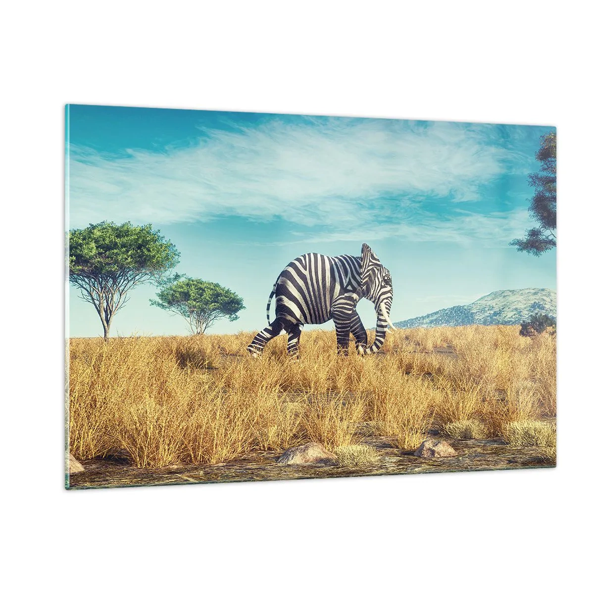 Glasbild - Bild auf glas - Ein Elefant mit Zebrastreifen in der Savanne unter freiem Himmel - 120x80cm - Grau ist nicht mehr in Mode - Moderne Wanddekoration für Wohnzimmer und Schlafzimmer ARTTOR