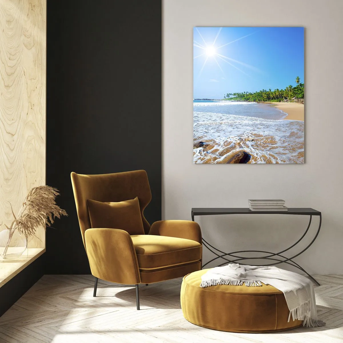Glasbild - Bild auf glas - Tropischer Strand mit Palmen und blauem Himmel - 80x120cm - Ein exotischer Ort für dich - Moderne Wanddekoration für Wohnzimmer und Schlafzimmer ARTTOR