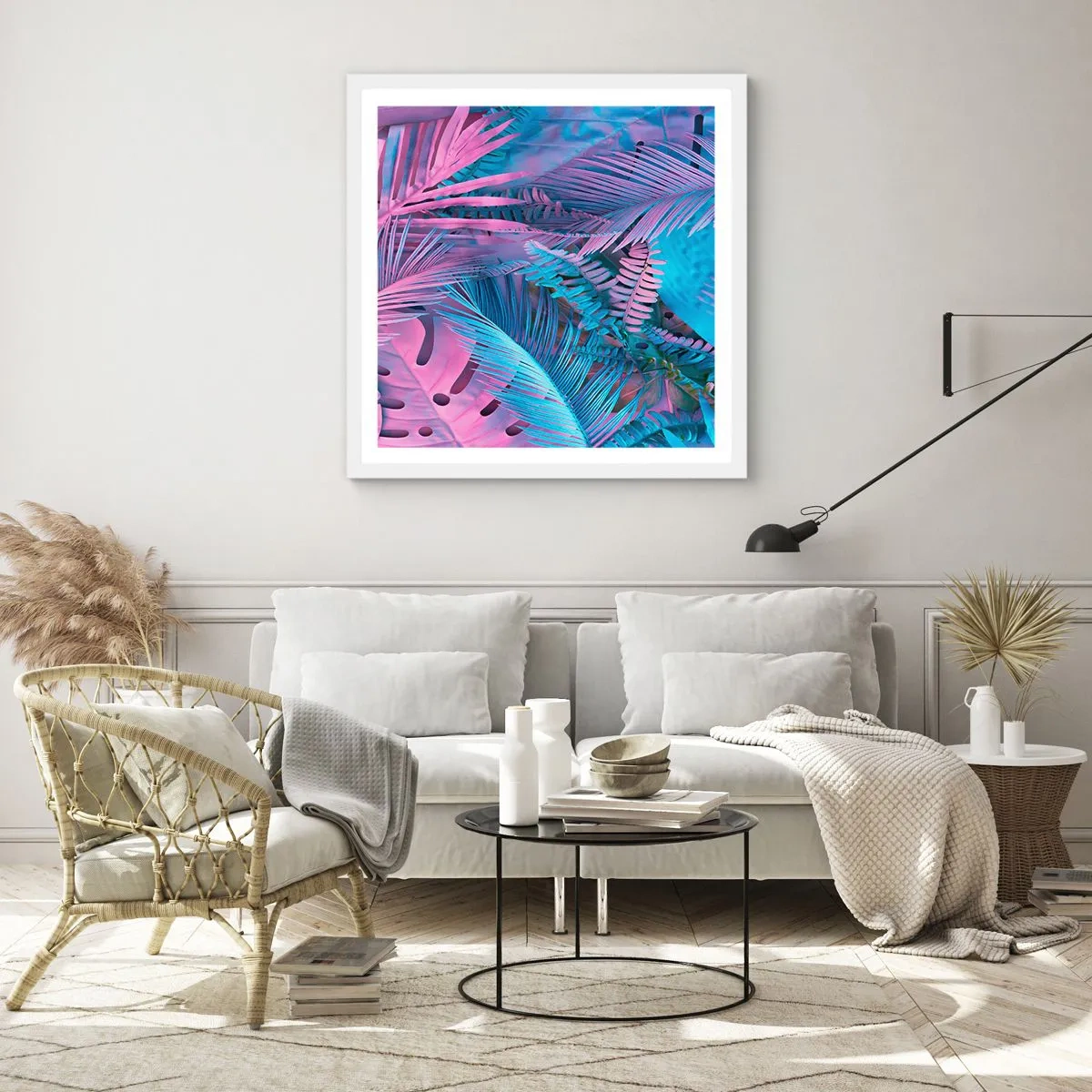 Poster in einem weißen Rahmen - Tropen in Rosa und Blau - 50x50 cm