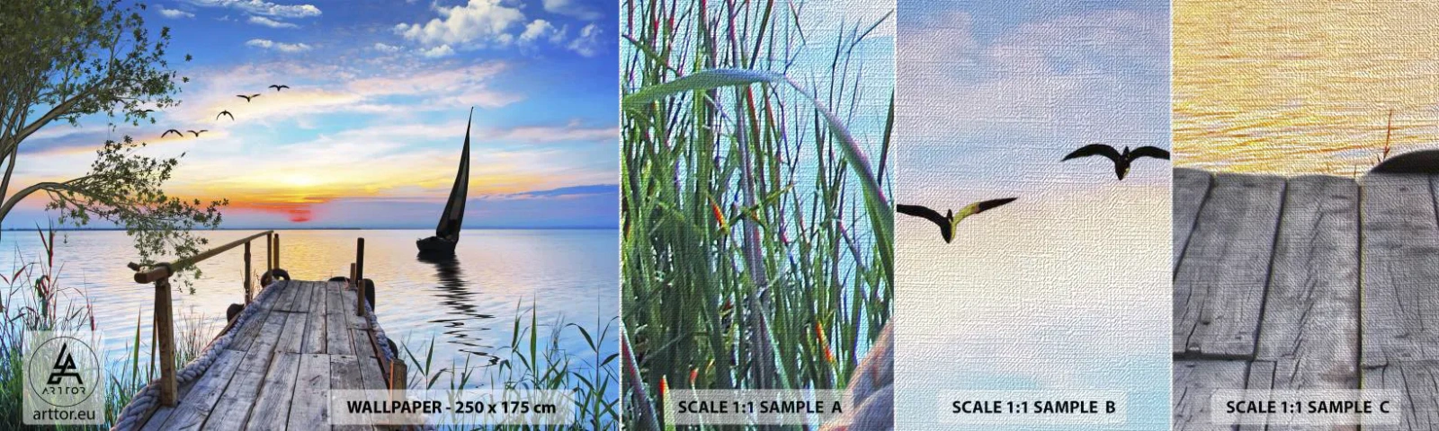 Fototapeten Muster Premium Canvas - Guten Abend - Landschaft, See, Holzbrücke - 100x30 cm