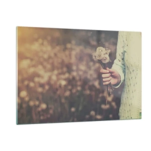 Glasbild - Bild auf glas - Eine Hand hält einen Strauß Löwenzahn vor einem verschwommenen Feld - 120x80cm - Bitte behalte sie - Moderne Wanddekoration für Wohnzimmer und Schlafzimmer ARTTOR