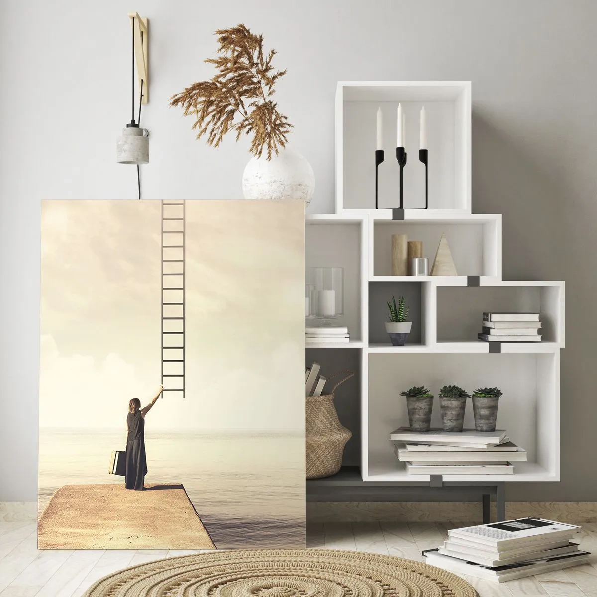 Glasbild - Bild auf glas - Frau auf einem Pier mit einer Leiter, die in den Himmel führt - 50x70cm - Eine magische Reise - Moderne Wanddekoration für Wohnzimmer und Schlafzimmer ARTTOR