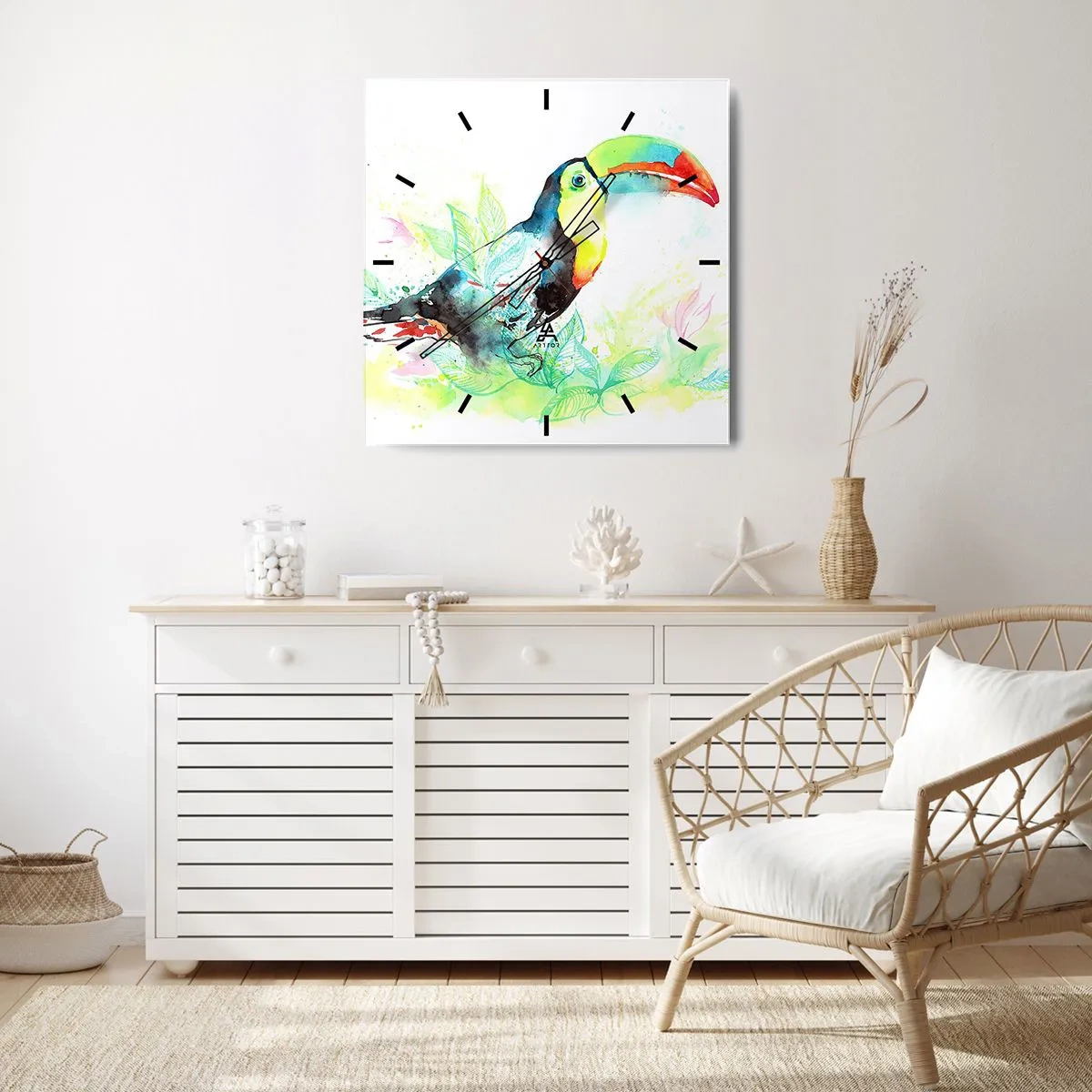 Wanduhr - Glasuhr - Aquarell-Illustration eines Tukans auf tropischem Hintergrund - 30x30cm - So bunt wie Südamerika - Moderne Wanddekoration für Wohnzimmer und Schlafzimmer ARTTOR