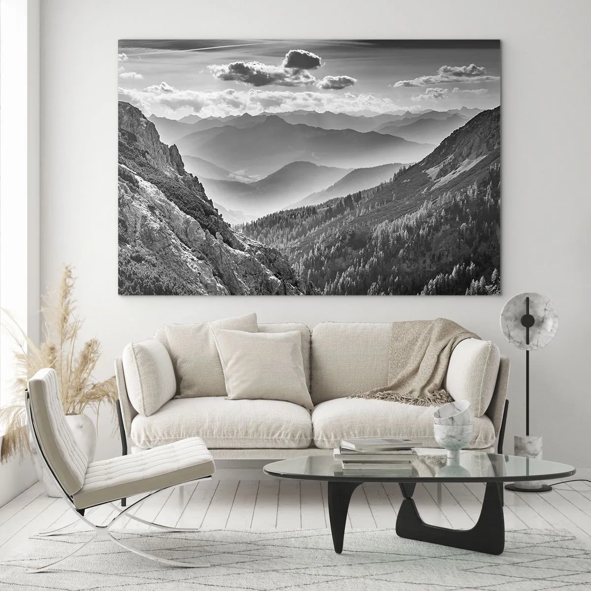 Glasbild - Bild auf glas - Schwarz-weißes Bergpanorama mit Blick ins Tal - 70x50cm - Bis zum Horizont - Moderne Wanddekoration für Wohnzimmer und Schlafzimmer ARTTOR