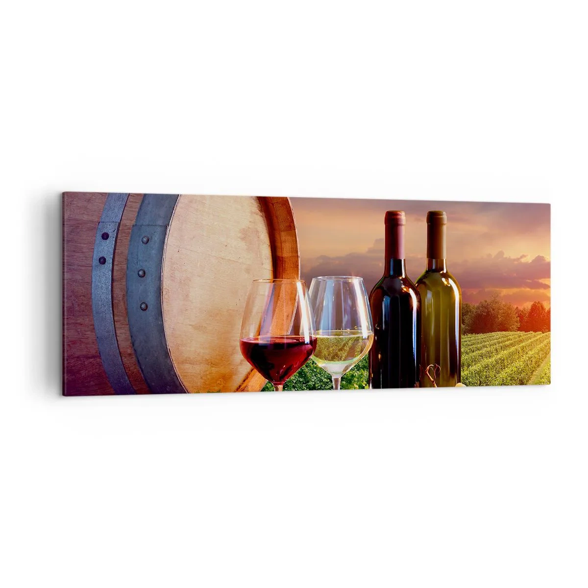 Bild auf Leinwand - Leinwandbild - Wein, Gläser und ein Fass in einer malerischen Landschaft - 140x50cm - Hier schmeckt das Leben - Moderne Wanddekoration für Wohnzimmer und Schlafzimmer ARTTOR