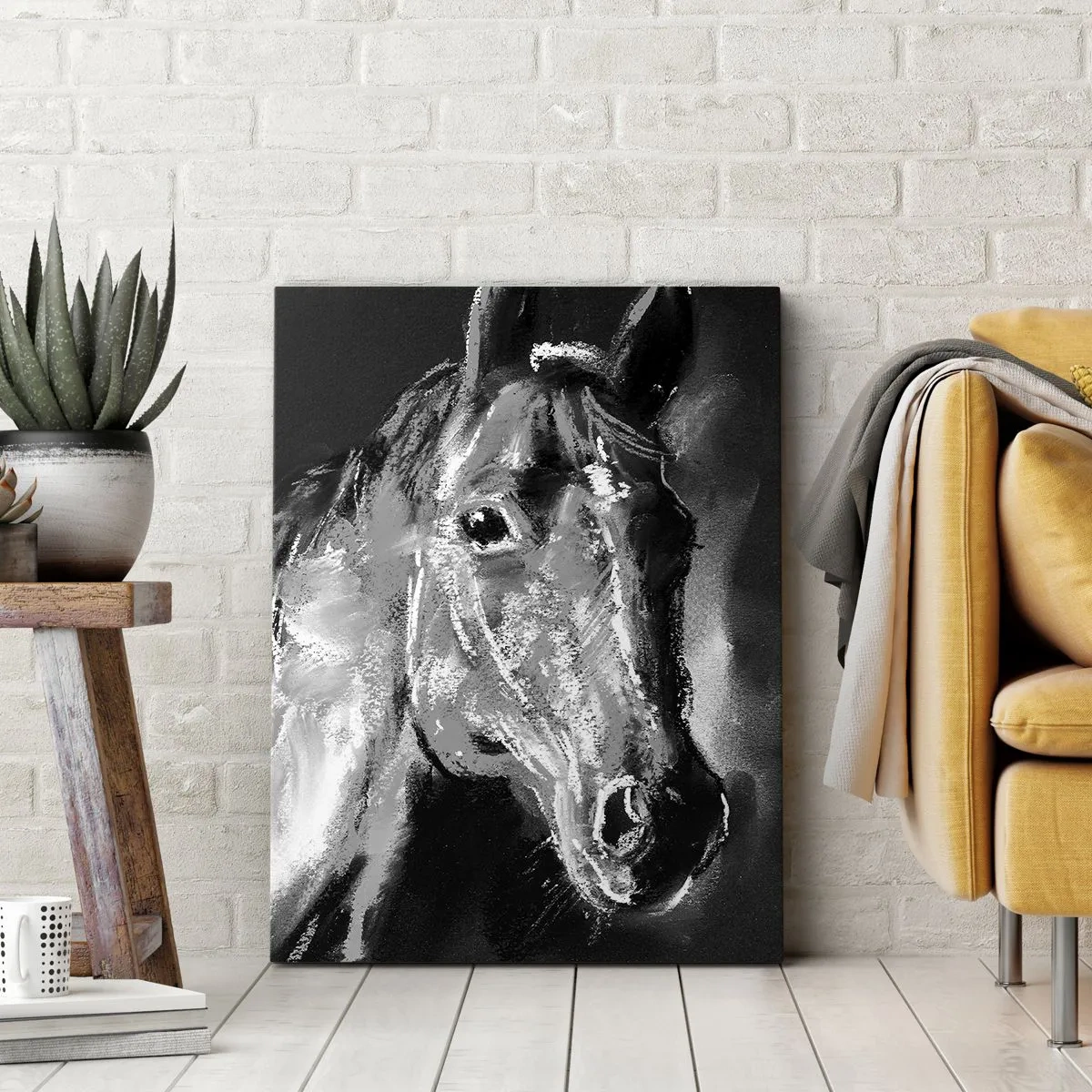 Bild auf Leinwand - Leinwandbild - Porträt eines Pferdes im dynamischen Schwarz-Weiß-Stil - 50x70cm - Das Leuchten einer edlen Seele - Moderne Wanddekoration für Wohnzimmer und Schlafzimmer ARTTOR
