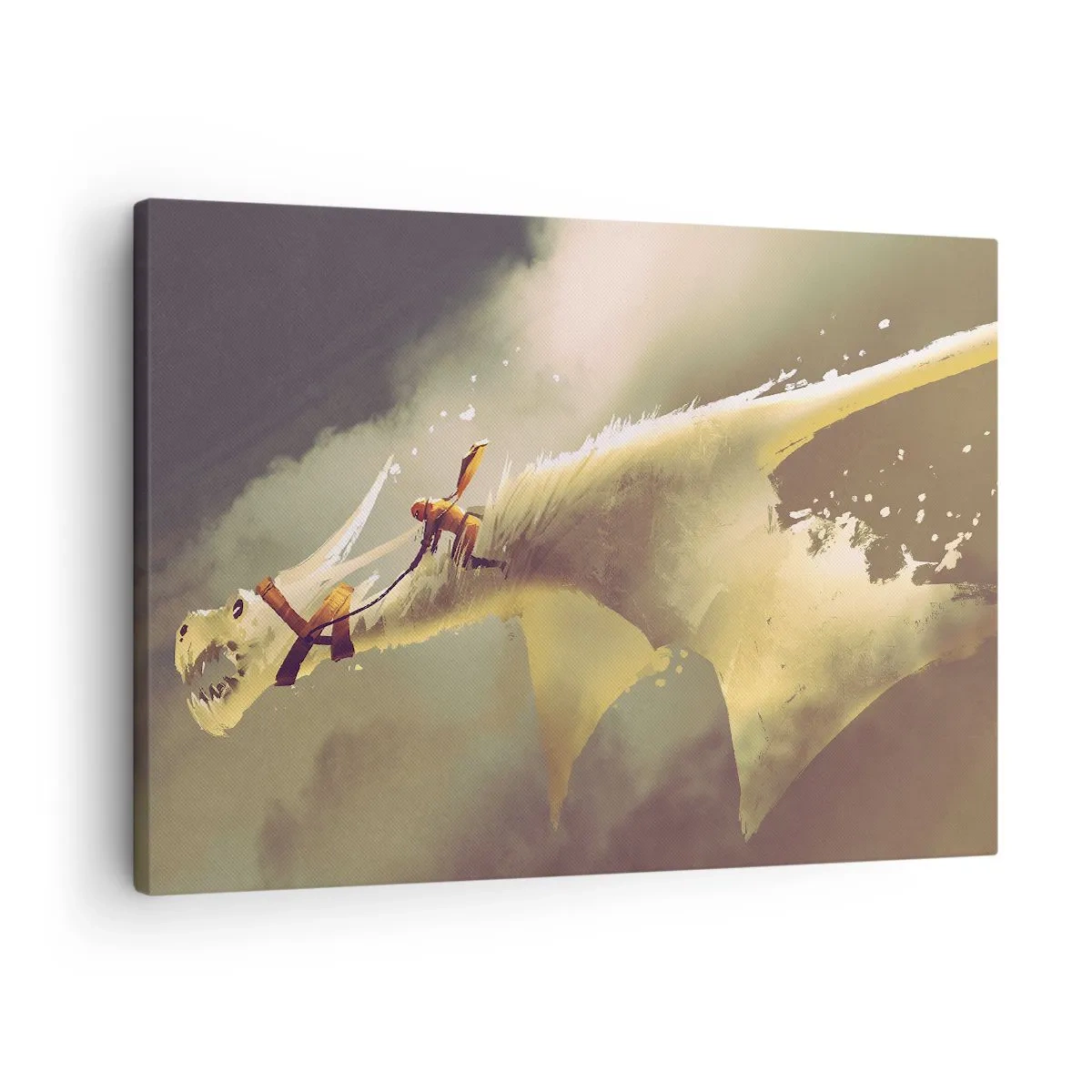 Bild auf Leinwand - Leinwandbild - Illustration eines Drachenreiters in einer Fantasy-Wolkenlandschaft - 70x50cm - Die Welt zur Rettung - Moderne Wanddekoration für Wohnzimmer und Schlafzimmer ARTTOR