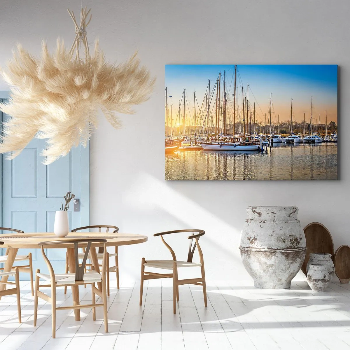 Bild auf Leinwand - Leinwandbild - Sonnenuntergang über einem Yachthafen voller Segelboote - 70x50cm - Der Wind muss auch schlafen - Moderne Wanddekoration für Wohnzimmer und Schlafzimmer ARTTOR