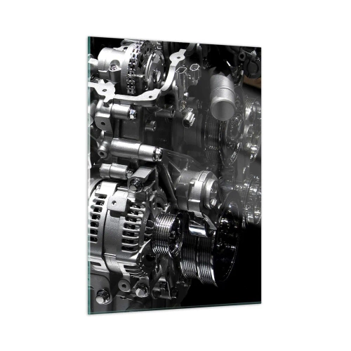 Glasbild - Bild auf glas - Details eines Metallmotors auf schwarzem Hintergrund - 50x70cm - Stahl, schön, stark - Moderne Wanddekoration für Wohnzimmer und Schlafzimmer ARTTOR