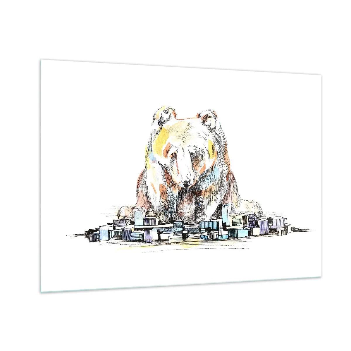 Glasbild - Bild auf glas - Ein Bär, der in einer künstlerischen Komposition die Stadt betrachtet - 100x70cm - Wie kann man so leben? - Moderne Wanddekoration für Wohnzimmer und Schlafzimmer ARTTOR
